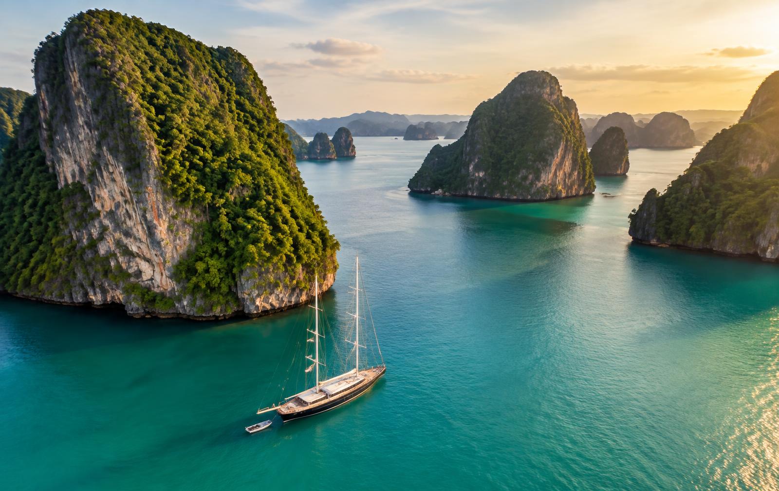 Sailing yacht at anchor among the limestone islands of the Andaman Sea near Phuket